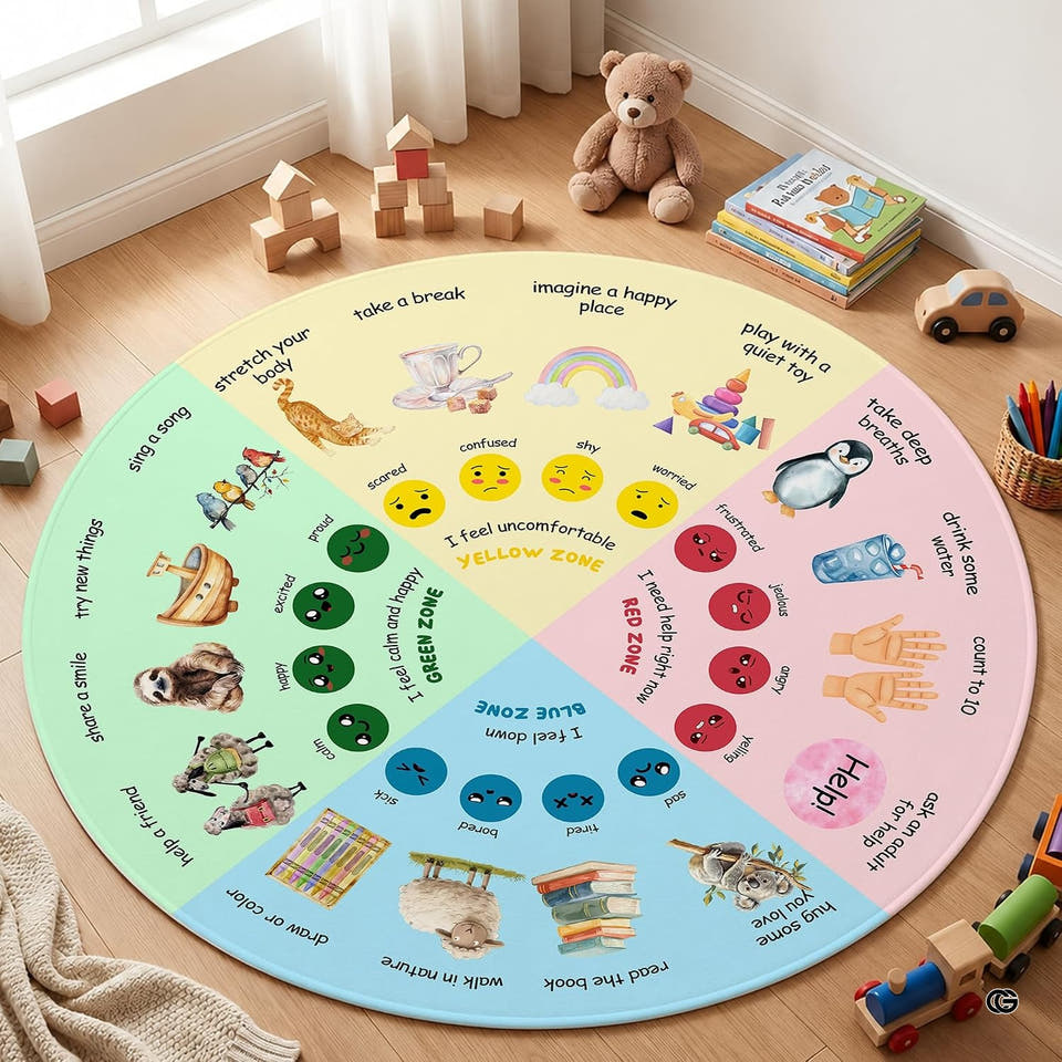 Emotional coping quadrants kids circular area rug in primary perspective