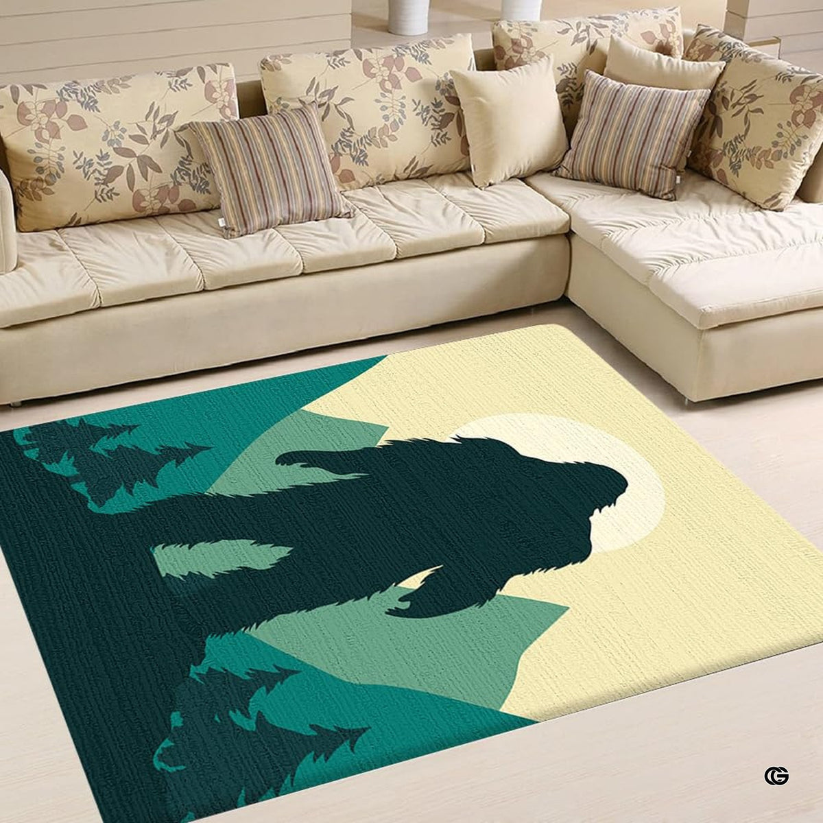 Cozy living room corner with patterned cushions showcasing bigfoot pine forest moon area rug