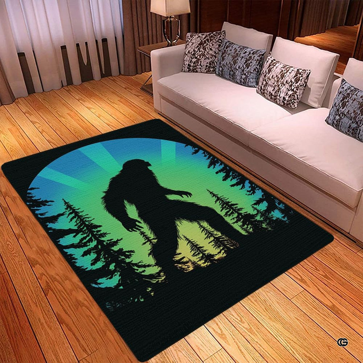 Angled view showing the pine forest tree line and dark Sasquatch silhouette on the retro floor decor piece. - image 3 of 5