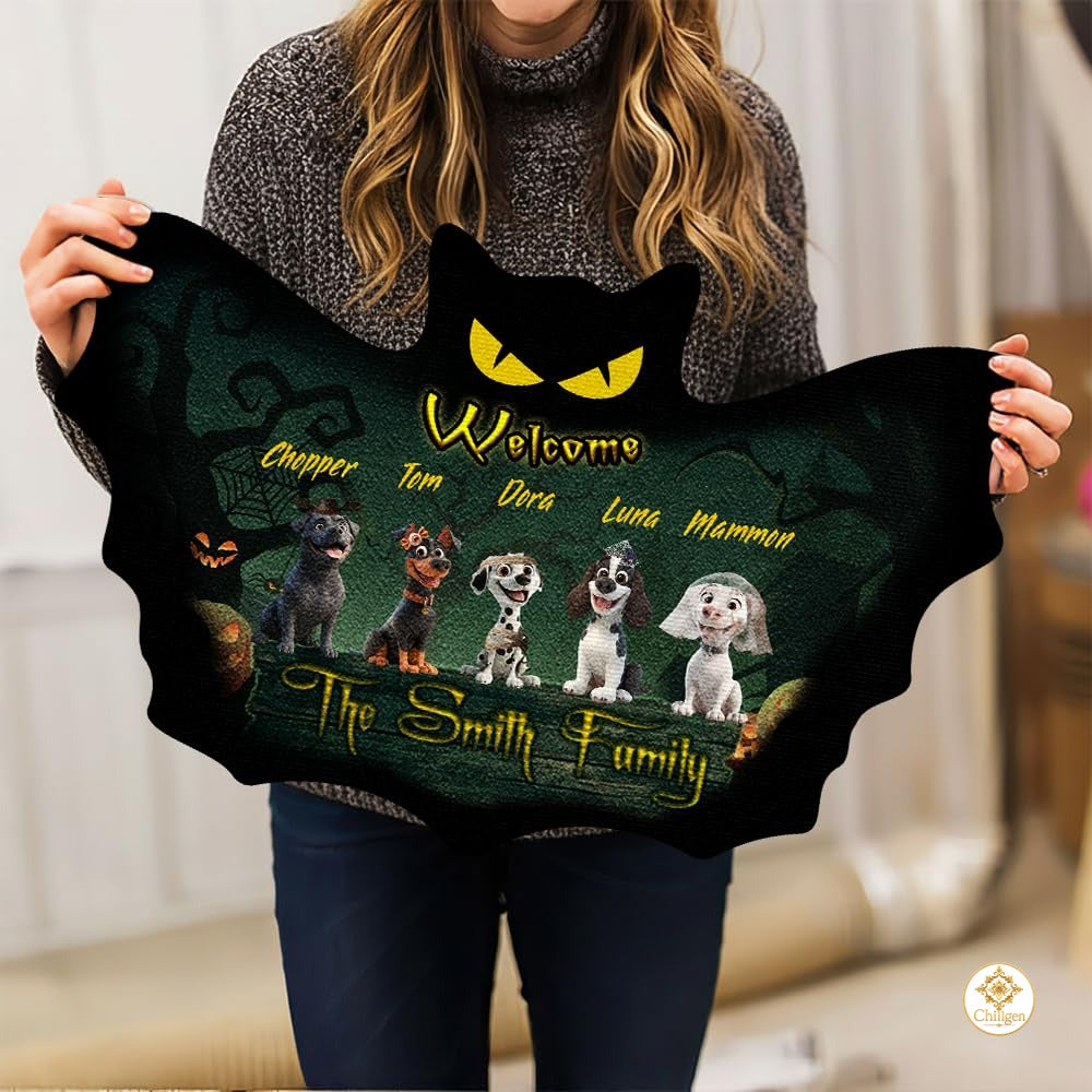 Custom Halloween Dog Doormat with Pets and Pumpkin Design