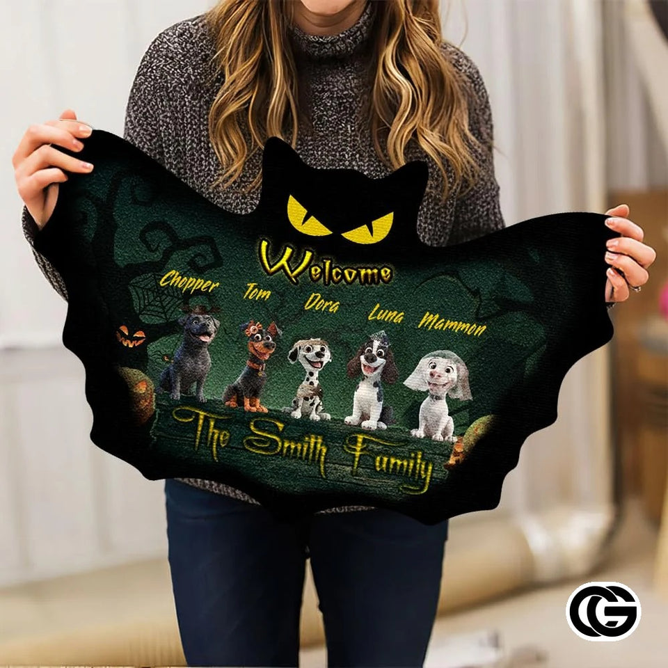 Custom Halloween Dog Doormat with Pets and Pumpkin Design