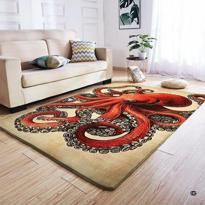 Angled perspective showing the crimson sea monster motif on an off-white illustrated rug. - thumbnail image 4 of 7