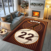 Sports fan cave layout displaying the retro striped baseball rug on hardwood flooring - thumbnail image 5 of 7