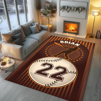 Sports fan cave layout displaying the retro striped baseball rug on hardwood flooring - thumbnail image 5 of 7