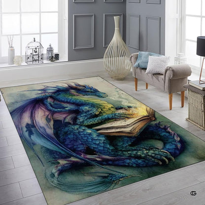 Blue and purple fantasy dragon reading an ancient tome while breathing magical wisps of smoke area rug. - thumbnail image 6 of 8