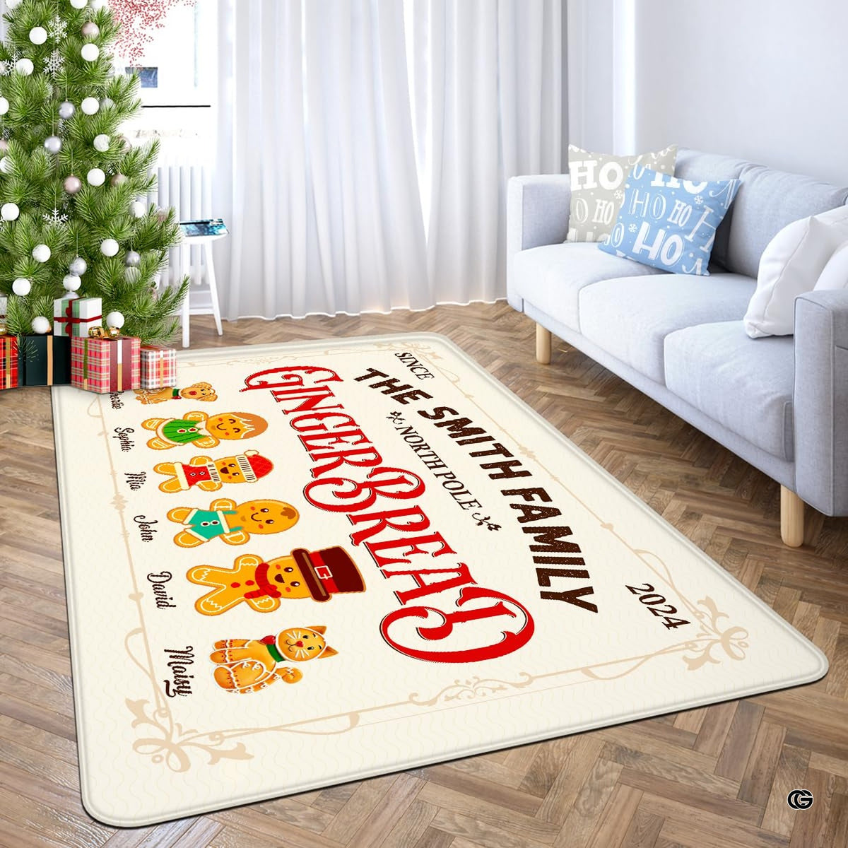 Living room setting featuring gingerbread decorative accent rug styled in front of holiday tree decor.