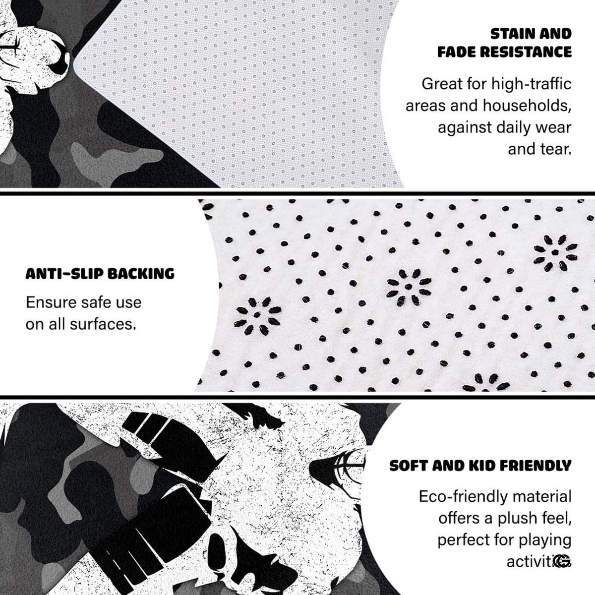 Camo hockey goalie sports floor carpet displayed in cozy living room interior