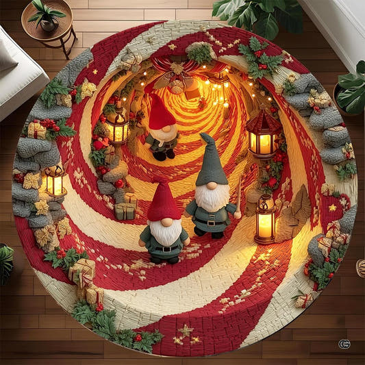 Round Christmas gnome rug with lantern-lit red and cream spiral
