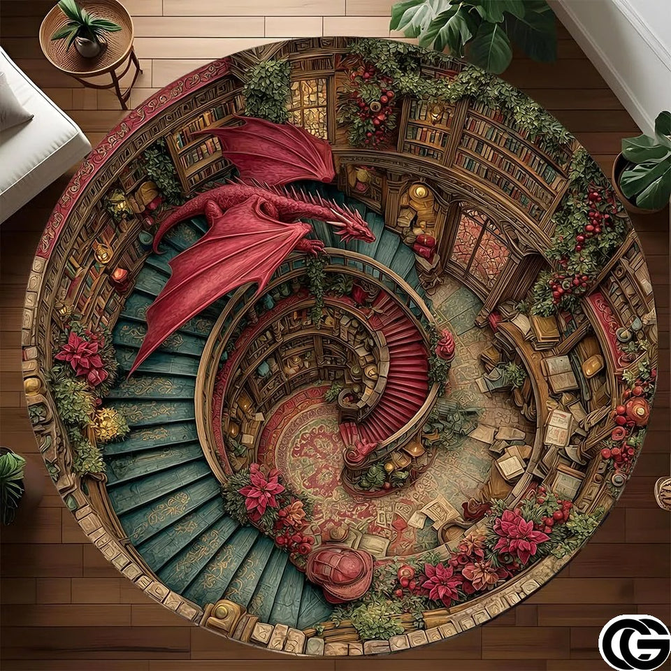Personalized Dragon Round Rug with 3D Illusion and Low Pile