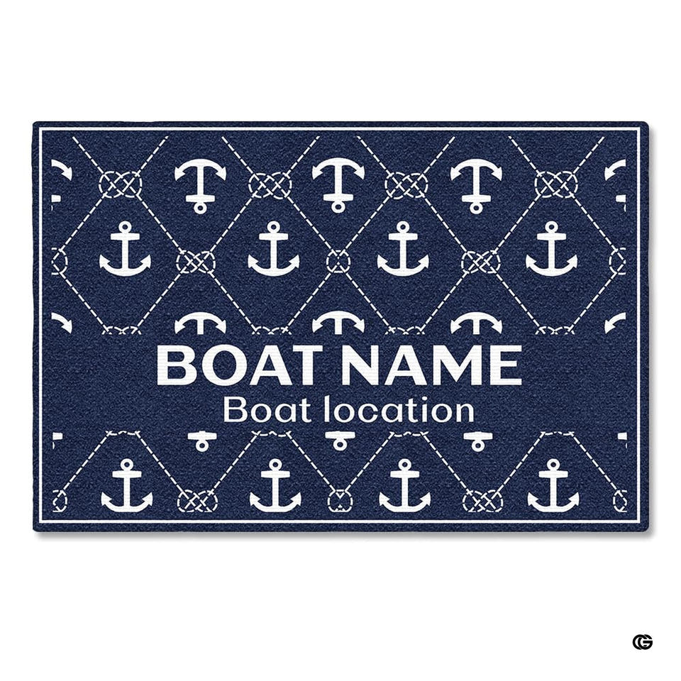 Personalized Nautical Doormat with Boat Name & Location – Custom Anchor Welcome Mat for Fishing Boat, Yacht, or Dock – Outdoor Indoor Floor Rug for Cabin, Ship (Nautical 11)