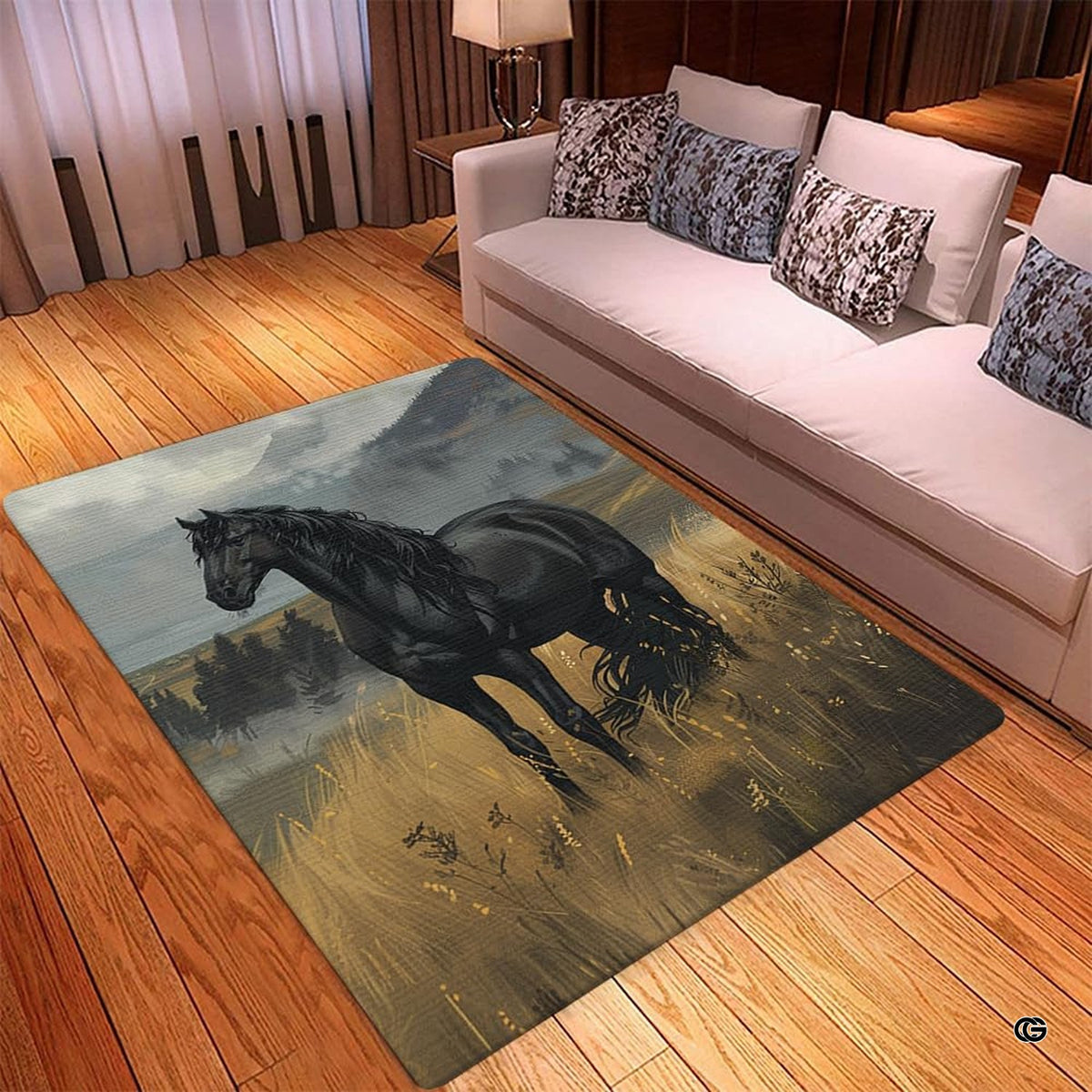 Living room setting styled with black horse area floor accent beneath rustic wood decor.
