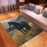 Living room setting styled with black horse area floor accent beneath rustic wood decor. - thumbnail image 3 of 5