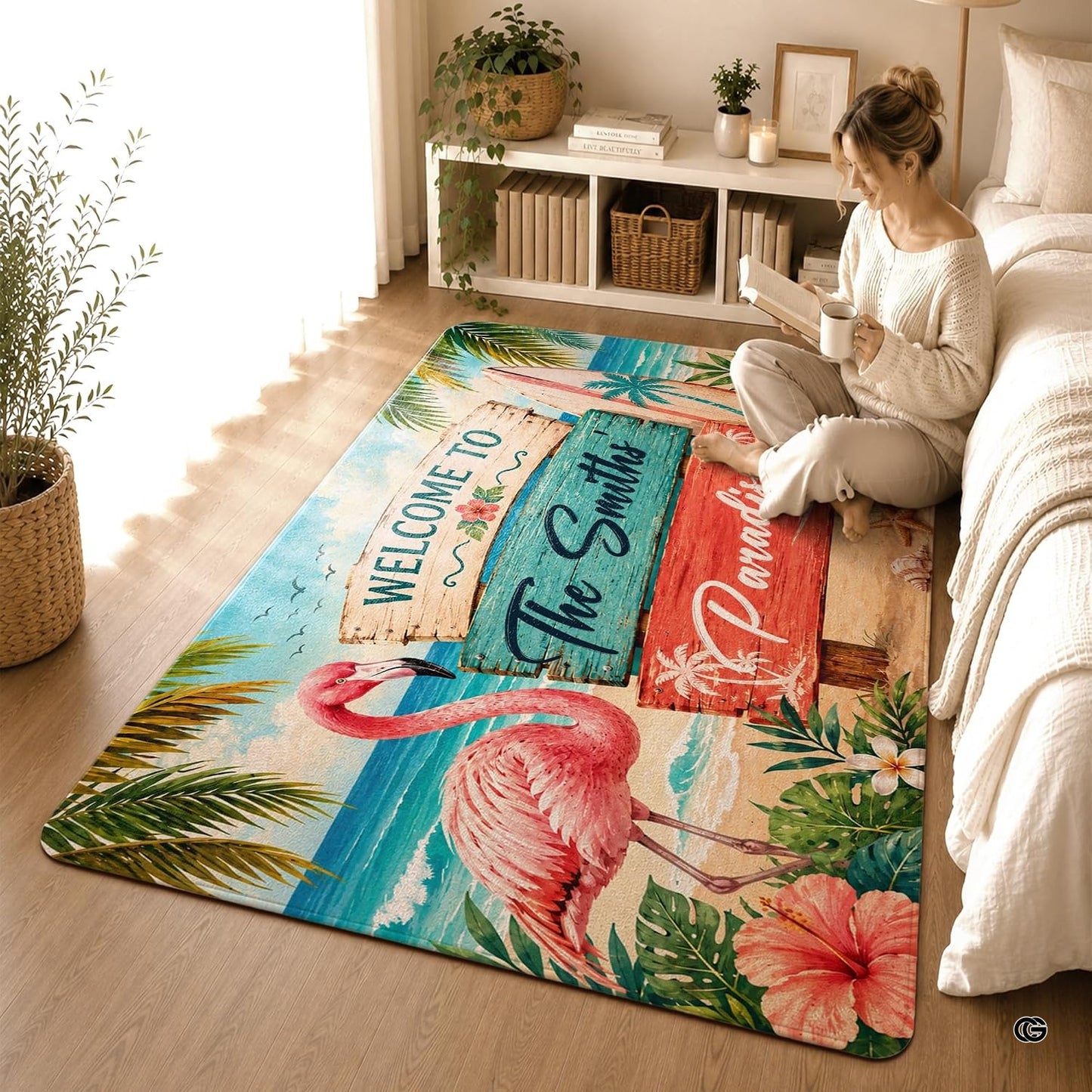 Personalized Tropical Beach Rug, Custom Family Name Tropical Outdoor Rug, Flamingo Surfboard Ocean Area Rug for Living Room, Patio, Beach House Decor, Design 08