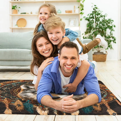 Bright sunroom setting with the rustic wolf totem rug centered on wooden flooring - thumbnail image 5 of 7