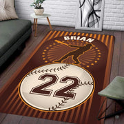 Living room floor setting featuring a retro brown striped baseball batter athletic area rug - thumbnail image 1 of 7