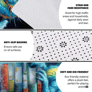 Majestic azure cyan blue dragon with golden horns resting on a tall stack of vintage leather-bound books area rug. - thumbnail image 4 of 8