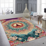 Sunlit living room fireplace setting displaying the peaceful mindfulness mandala rug - thumbnail image 6 of 8