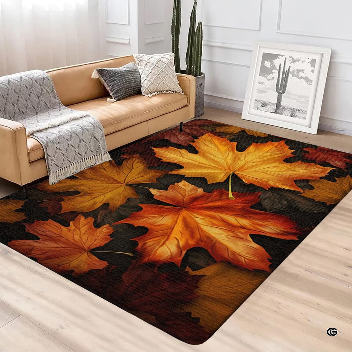 Angled perspective of autumn foliage area rug complementing a room adorned with a fall maple leaf garland display.