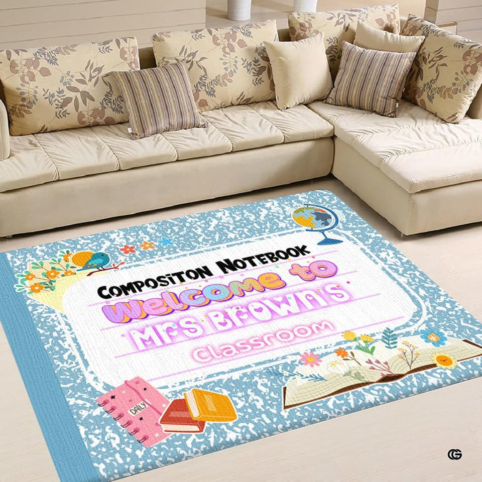 Classroom themed area rug displaying marbled decorative accent, lined graphics, and a header label.