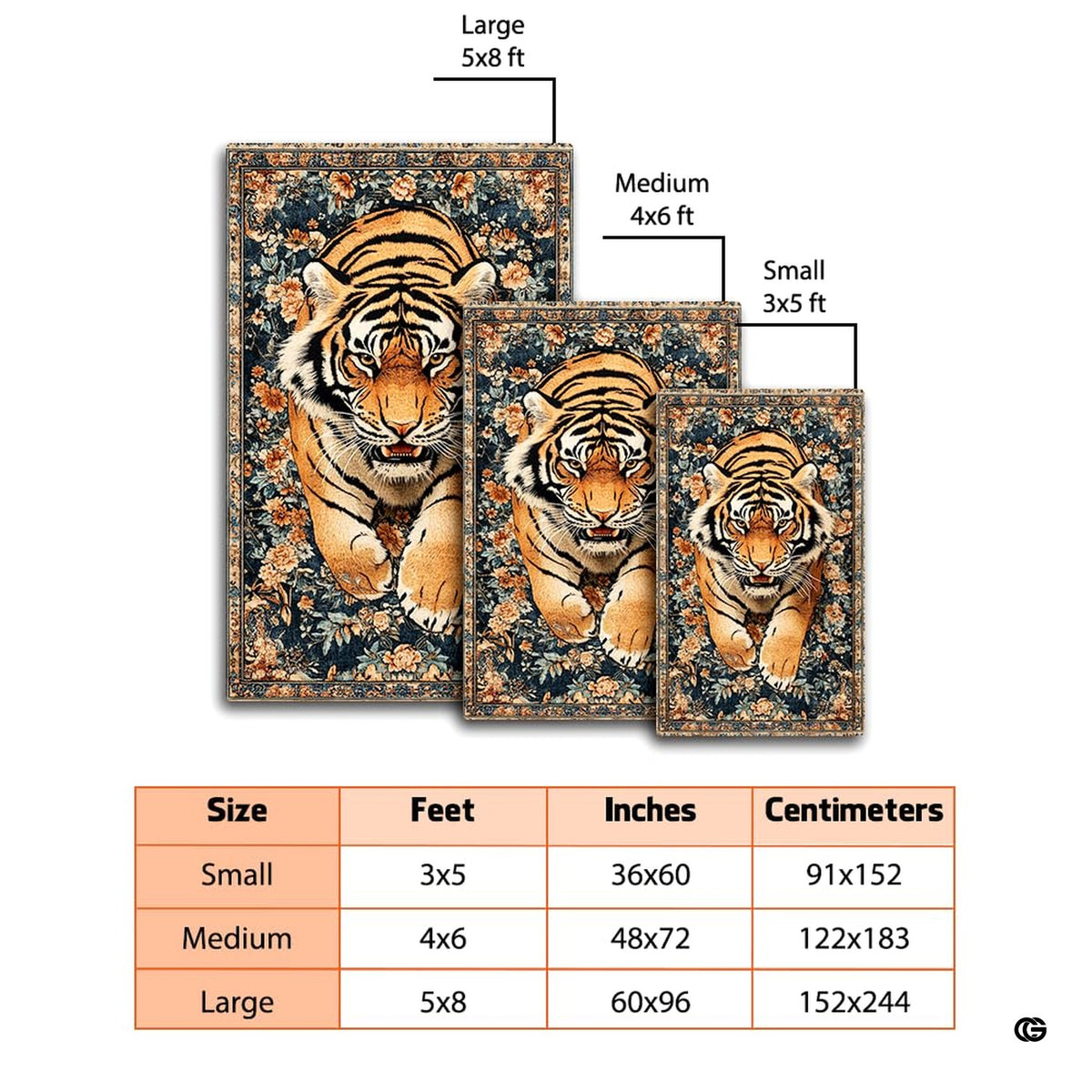 Dimensions and sizing chart for antique floral tapestry Bengal tiger area rug - image 2 of 8