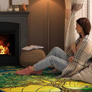 Modern living room setting displaying the stained glass Celtic Tree of Life sunrise rug - thumbnail image 2 of 8