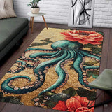 Mosaic teal octopus floral living room area rug with coral peony blossoms