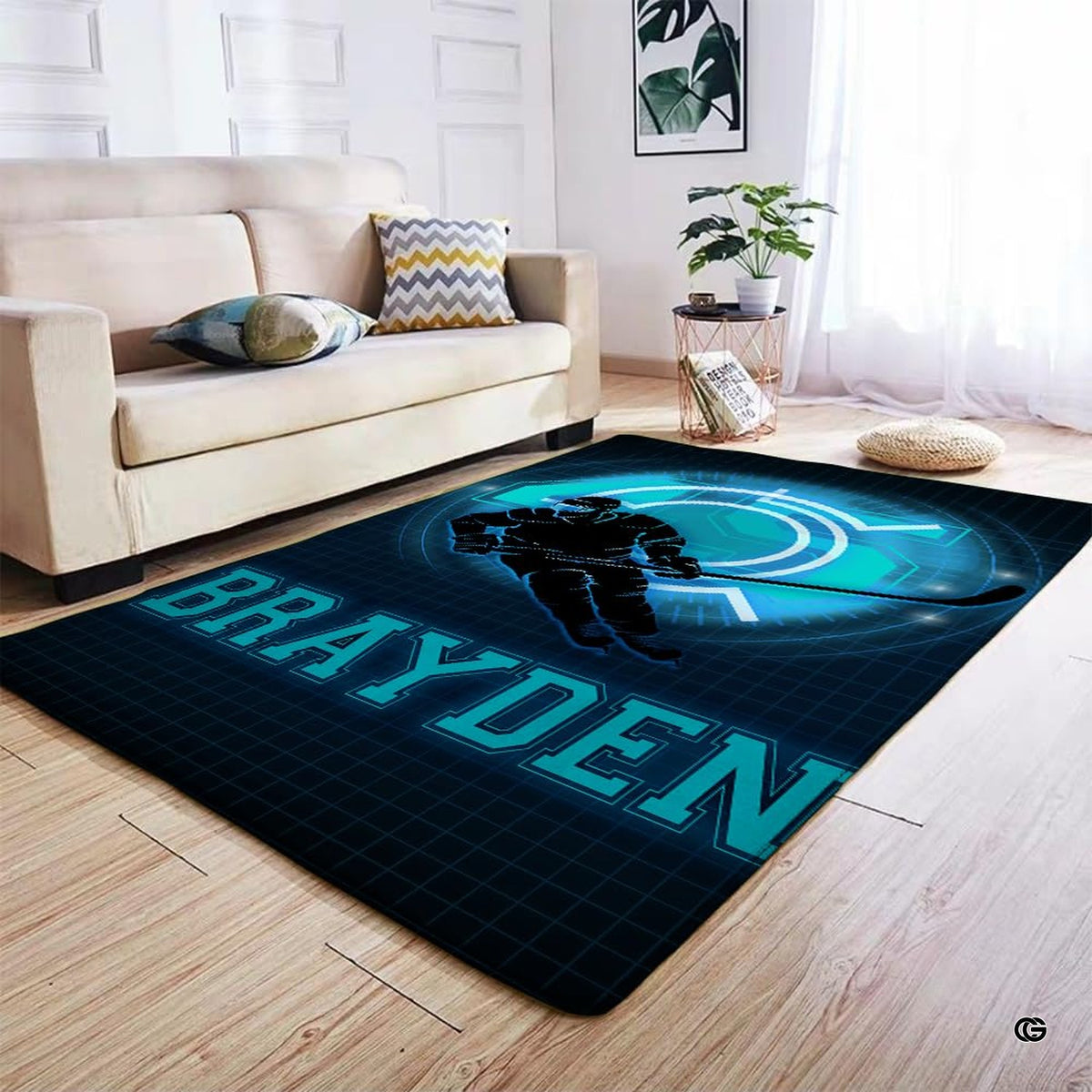 Anti-slip dot backing and hemmed edge stitching on neon hockey area rug