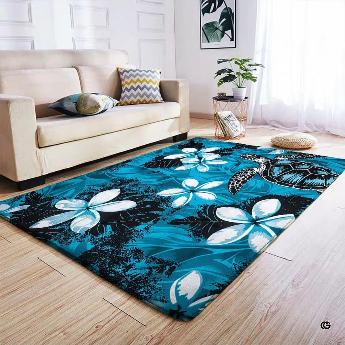 Hawaiian Honu sea turtle area rug styled on hardwood flooring in living room.