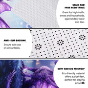 Infographic detailing the anti-slip dotted backing and durable edge stitching of the dragon rug - thumbnail image 4 of 7