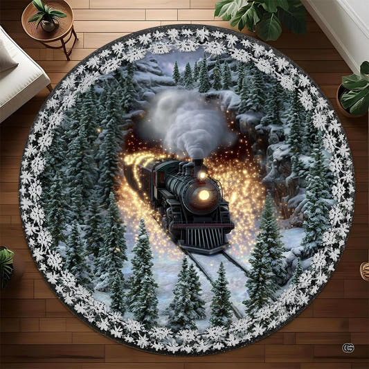 Overhead view of a round magical winter train area rug with snowflake lace border on wood floor.