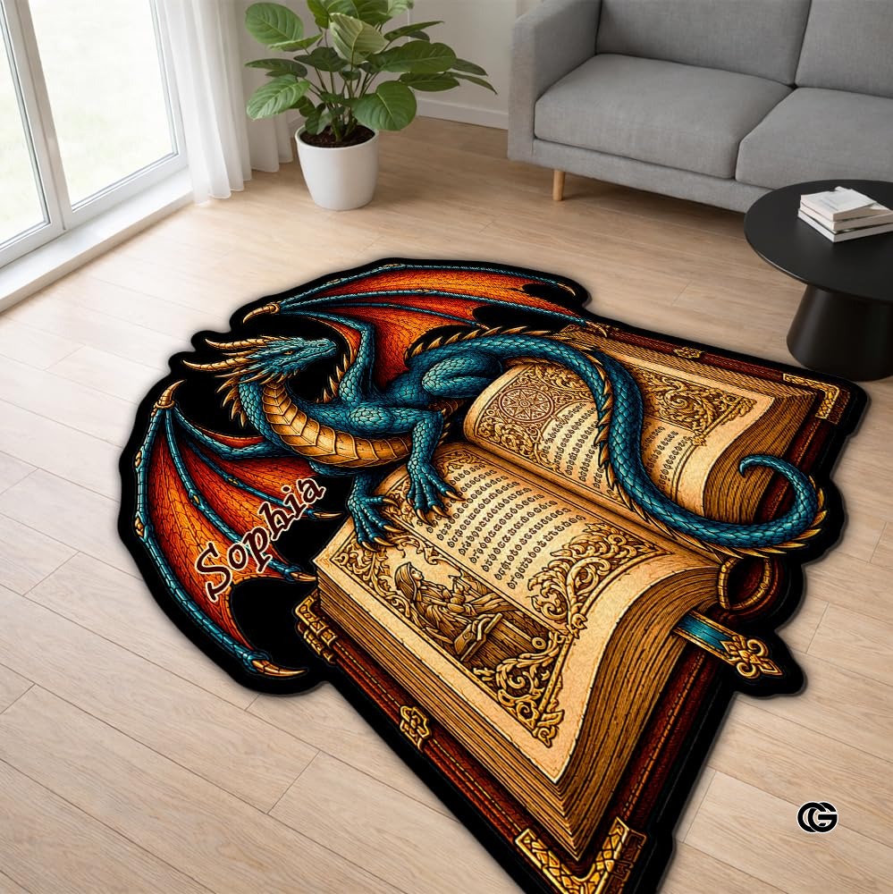Custom Dragon Shaped Area Rug, Personalized Library Western Dragon Shaped Floor Mat Book Rug, Non-Slip Reading Room Carpet for Living Room, Bedroom, Dorm, Kids Room, Fans Lover (D5)
