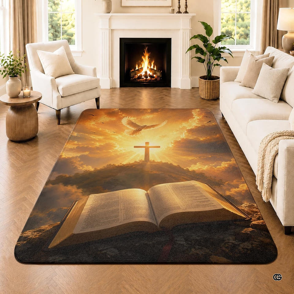 Spiritual faith area rug with sunlit cross, flying dove, and open book on wood floor
