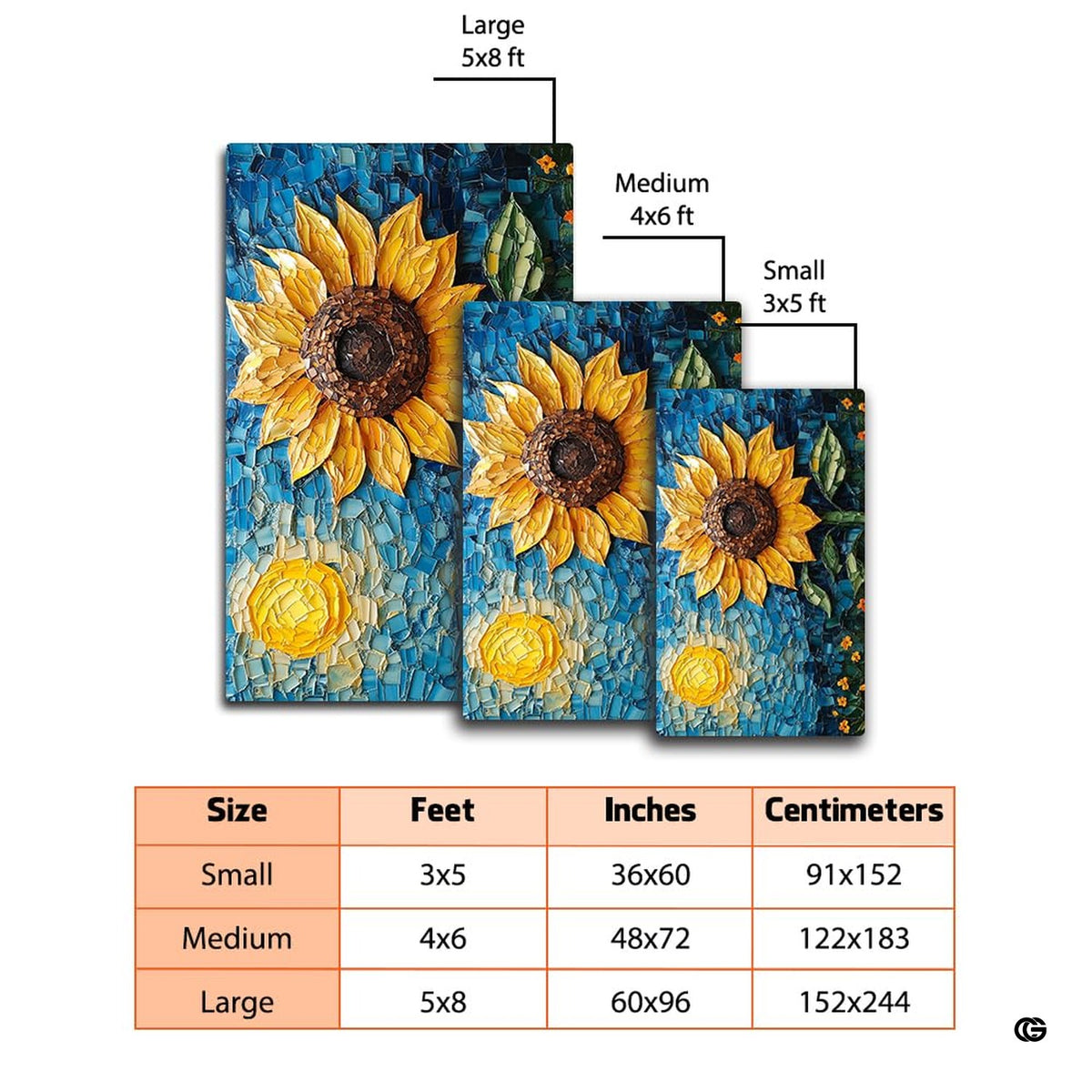 Mosaic sunflower area rug placed alongside living room couch and accent furniture.