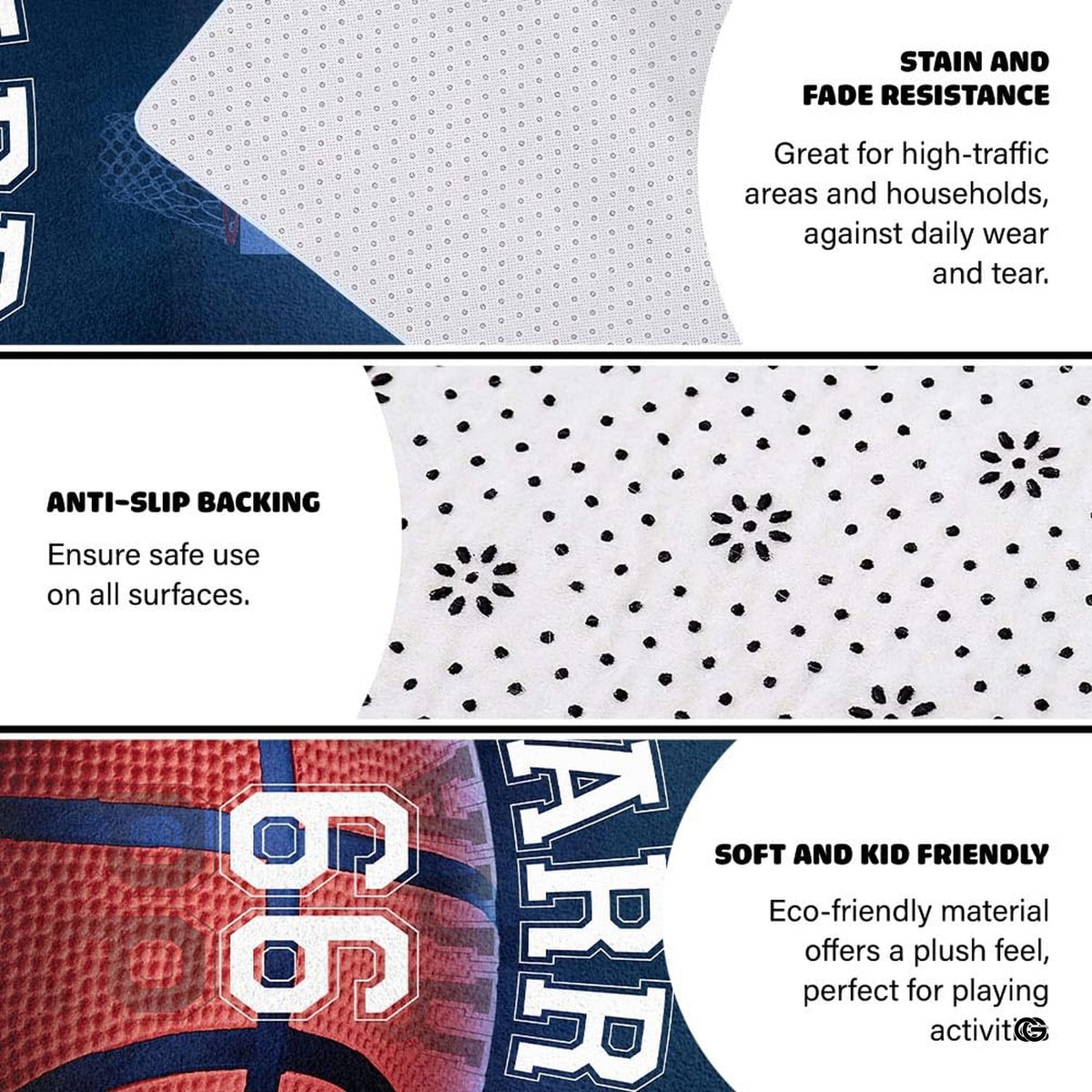Lit hoop backboard and stadium illumination design elements on basketball court floor rug - image 6 of 7