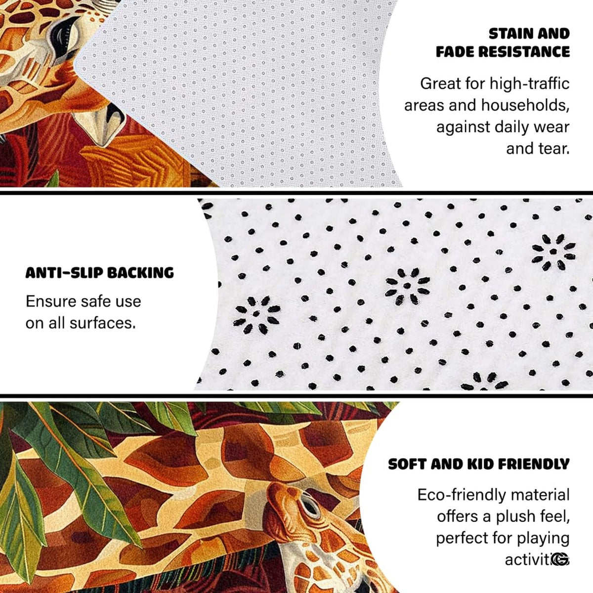 Closeup view of soft microfiber surface and colorful giraffe coat detailing
