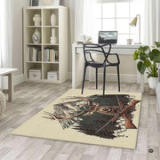Earthy forest green and wood brown stag hunting area rug displayed in a rustic lodge interior. - thumbnail image 5 of 5