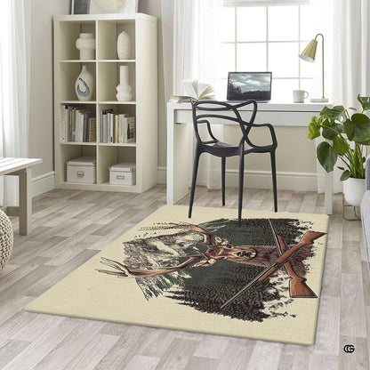 Earthy forest green and wood brown stag hunting area rug displayed in a rustic lodge interior. - thumbnail image 5 of 5