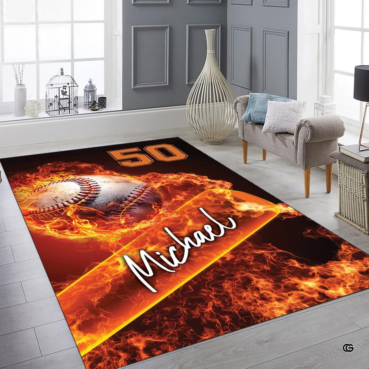 Collegiate jersey numeral graphic details on dynamic quartz area rug artwork.