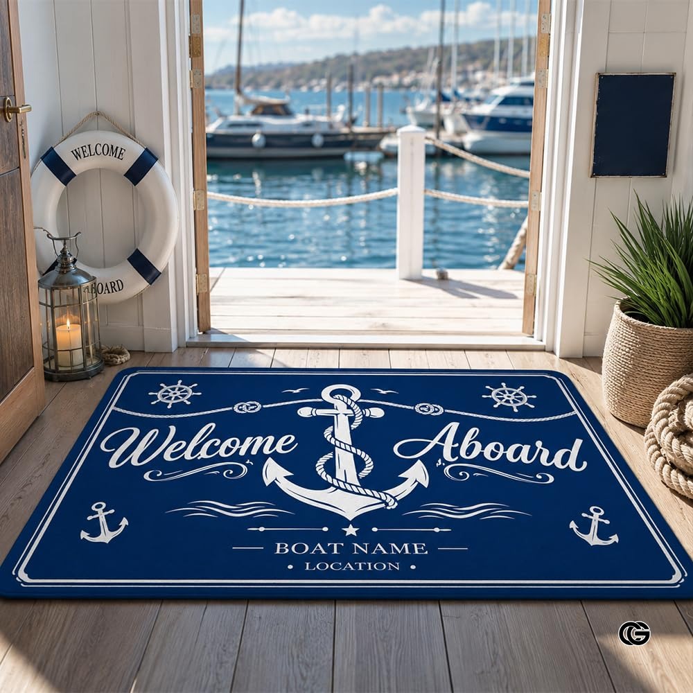 Custom Boat Rug, Personalized Welcome Aboard Mat with Boat Name, Nautical Area Rug for Deck, Entryway or Floor, Anchor Marine Decor, Boating Gift (Boat Rug 07)