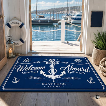 Custom Boat Rug, Personalized Welcome Aboard Mat with Boat Name, Nautical Area Rug for Deck, Entryway or Floor, Anchor Marine Decor, Boating Gift (Boat Rug 07)
