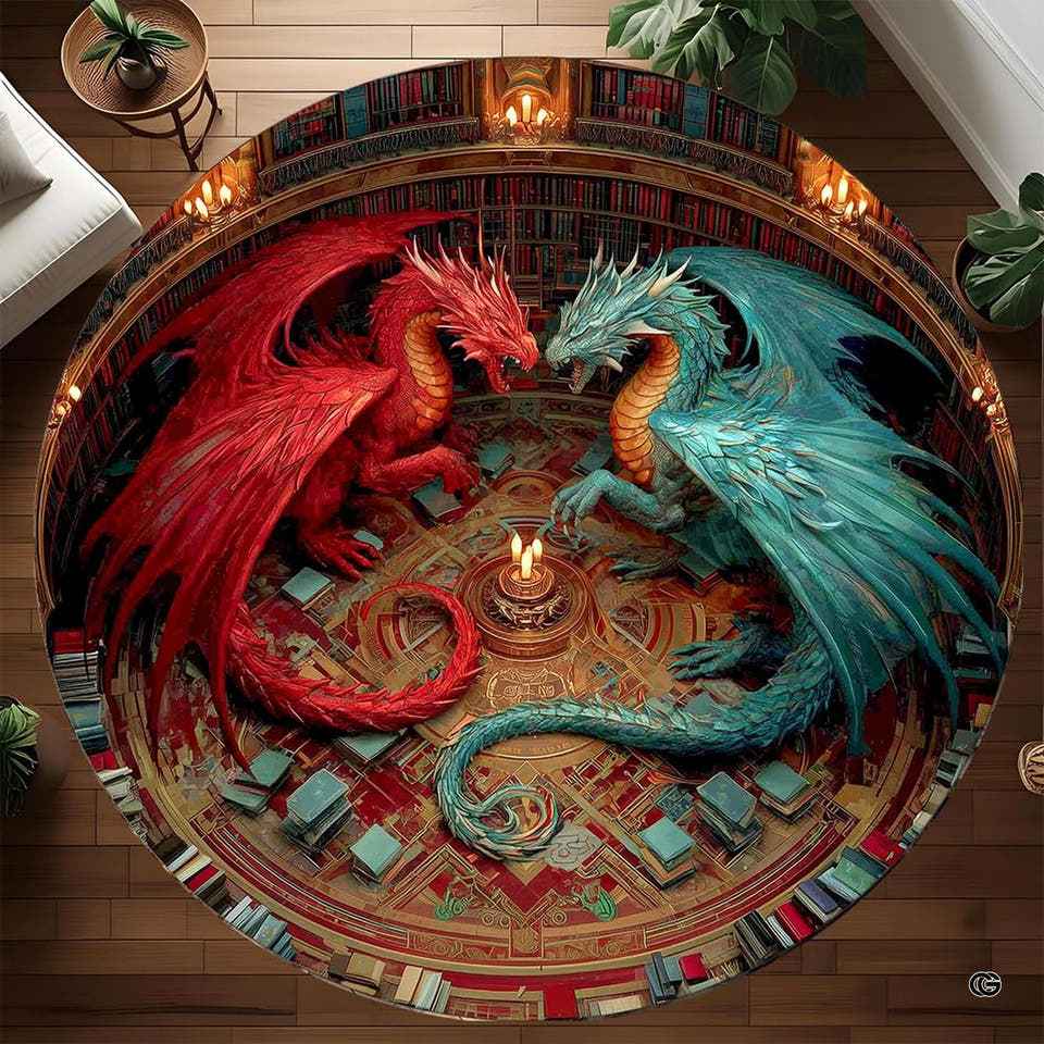 Round rug with red and teal dragons in a candlelit library
