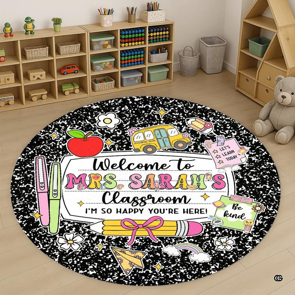 School bus pencil classroom teacher area rug - view 1