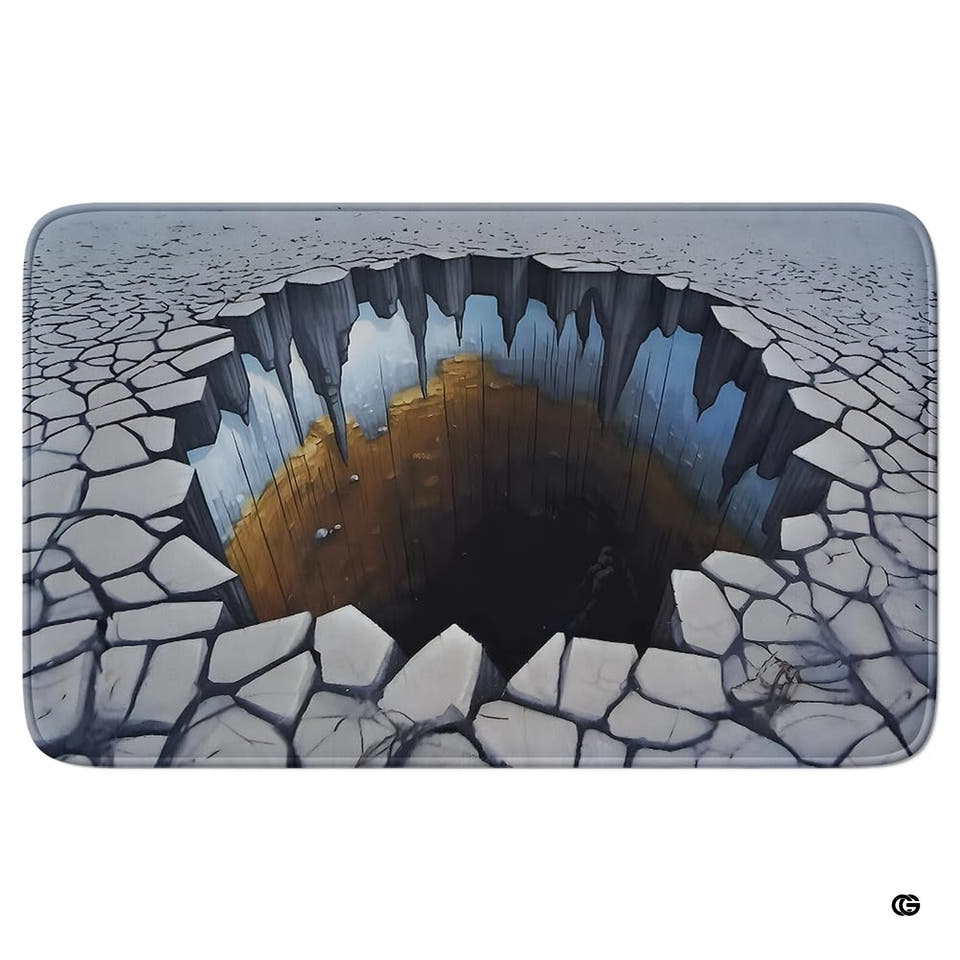 Vortex area rug displaying fractured icy cavern graphics centered across a living room floor.