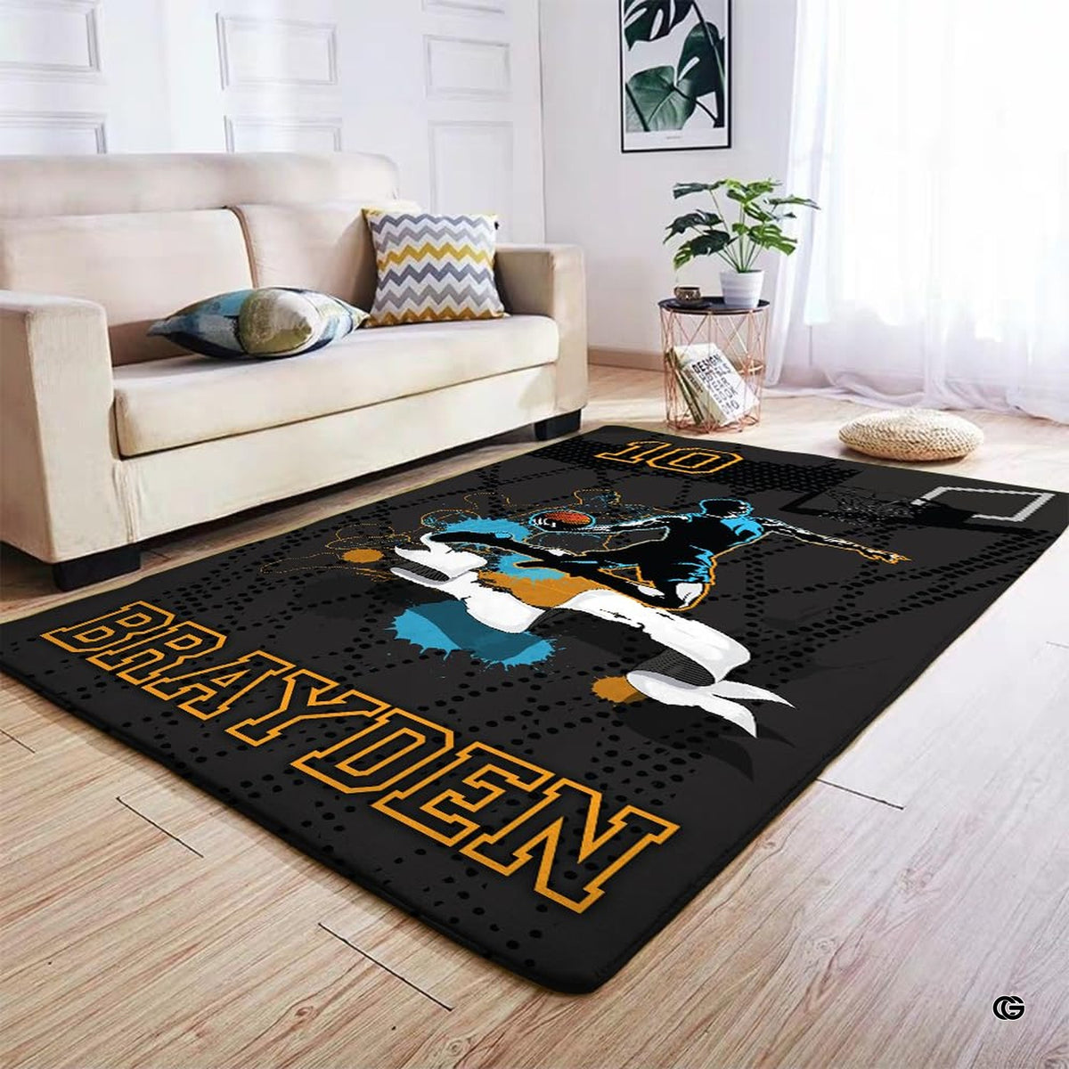 Overhead perspective of the basketball court area rug centering a contemporary living room seating arrangement.