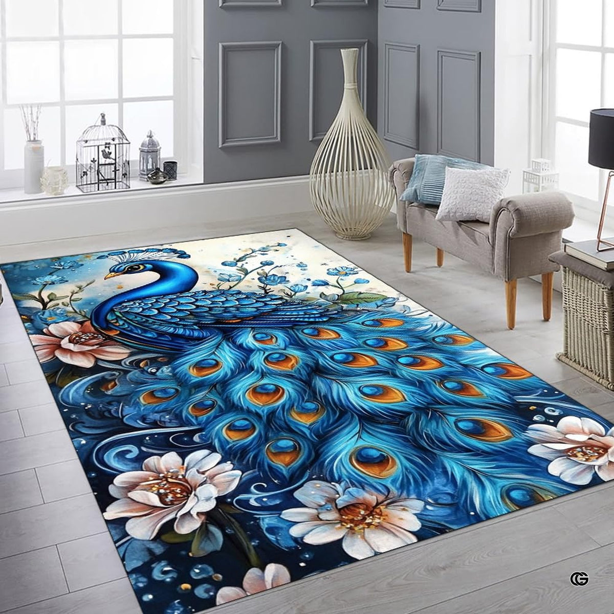 Overhead view of an ornate peacock area rug showing detailed botanical leafy vines.