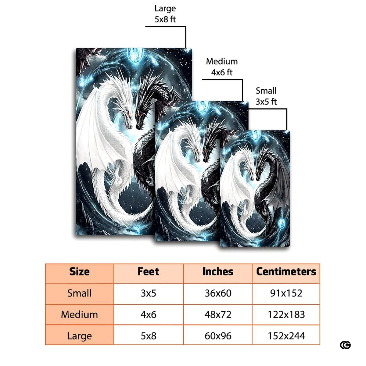 Overhead layout view of the rectangular Yin Yang white and black dragon area rug