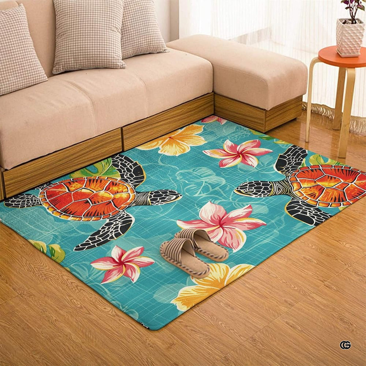 Sea turtle floral area rug displayed beside living room couch and side table. - image 7 of 7