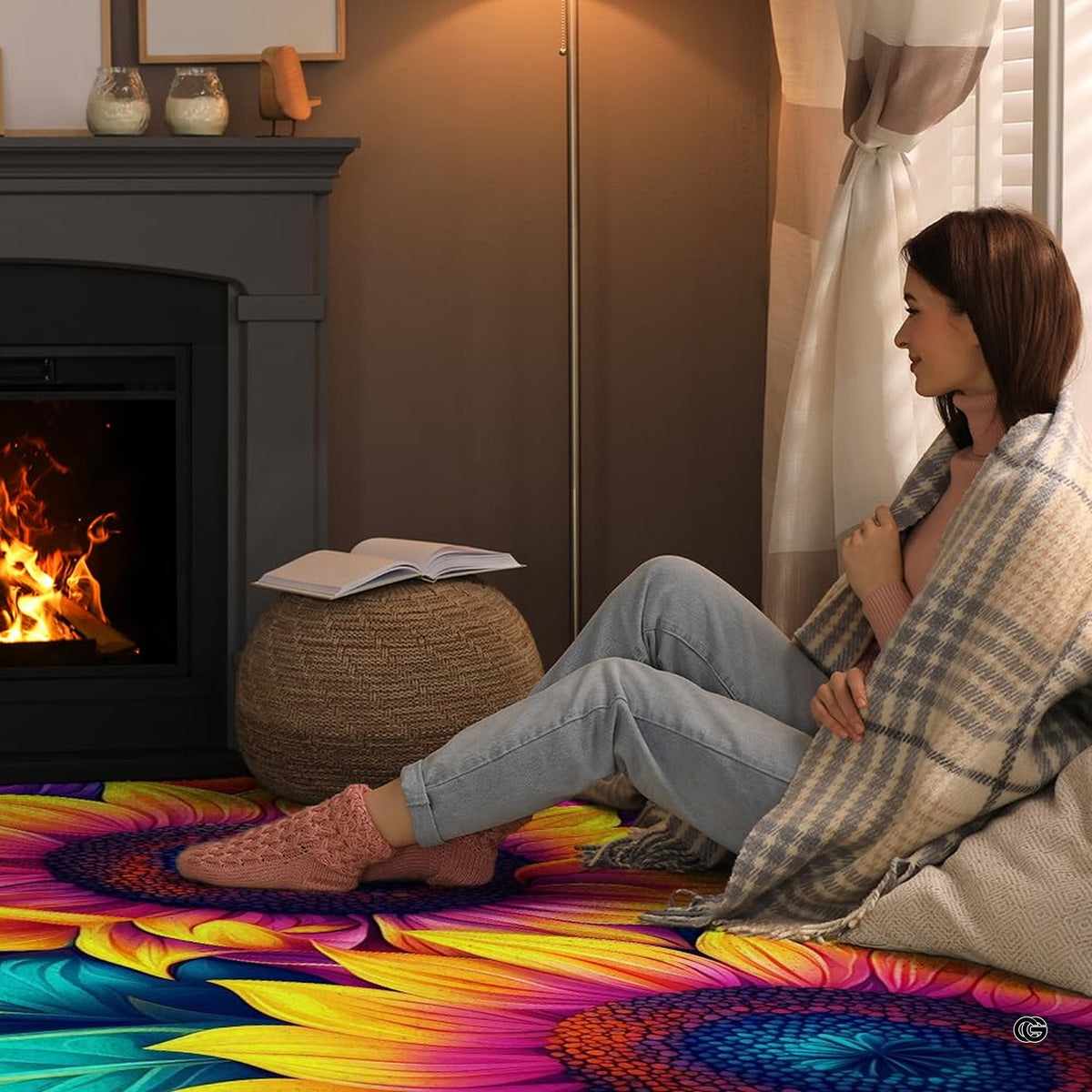 Detailed perspective of the floral artwork and vivid peacock leaves on a sunflower yellow area rug.