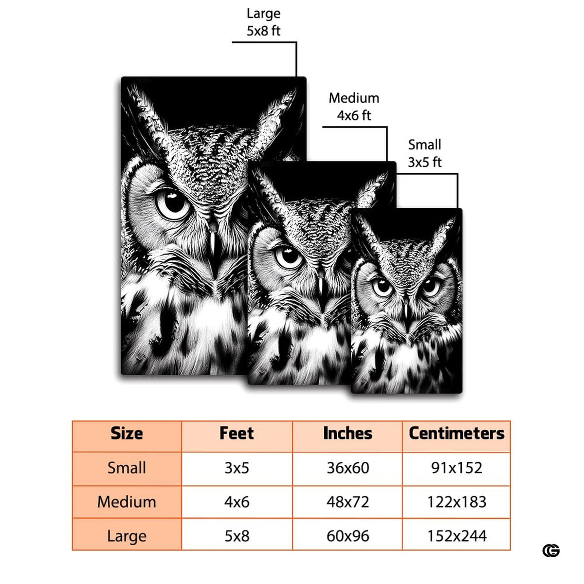 Dimensions and sizing chart for nocturnal horned owl face wildlife area rug