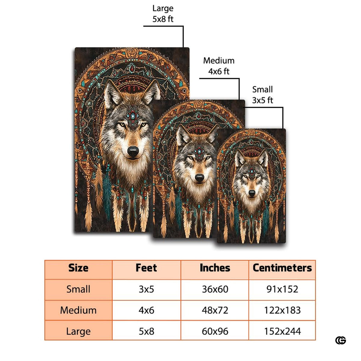 Mockup display showing the tribal wolf mandala rug placed near living room furniture